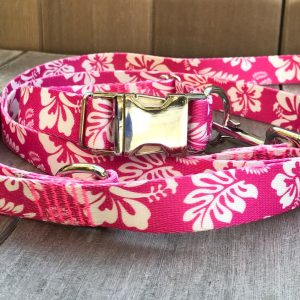 1" Pink Hawaiian Floral Dog Collar and Leash Set, Tropical Polyester Webbing, Metal Buckle