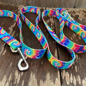 Rainbow Tie Dye Dog Leash, USA Made Polyester Webbing, Multiple Lengths