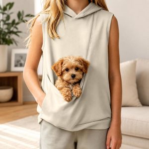 Unisex Kids Teenagers Pet Carrier Hoodie with Puppy Pocket, Sleeveless Dog Kangaroo Pouch Shirt, Cozy Pet Lover Gift Top for Small Dogs