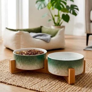 Ceramic Pet Bowl with Wooden Stand, Raised Cat Dog Feeder, Ombre Glaze Colors