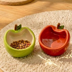 Charming Apple Ceramic Cat Ear Bowl, Pet Food Water Dish, Cat Lover Gift