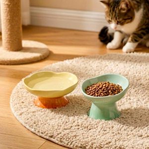 Lotus Ceramic Cat Bowl Elevated Pet Feeding Dish, Flower Shaped
