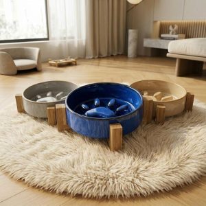 Ceramic Slow Feeder Cat Bowl with Acacia Wood Stand, Elevated Anti-Gulping Pet Dish