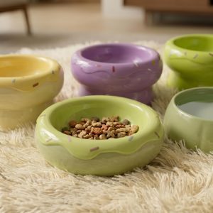 Adorable Donut Elevated Pet Bowl 2-in-1 Design, Ceramic Dual Use Cat Dog Feeder