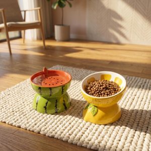 Ceramic Fruit Pet Bowl Set Elevated Watermelon, Orange, Strawberry Designs