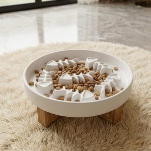 Ceramic Slow Feeder Pet Bowl, Fish Bone Pattern, Optional Wooden Stand