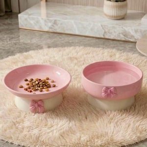 Ceramic Pet Bowl with Bow Accent, Pastel Cat Food Water Dish