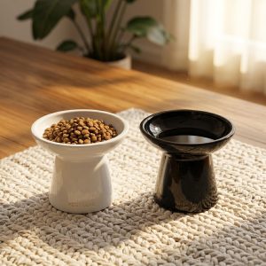 Elevated Ceramic Cat Bowl, Raised Pet Feeding Bowl for Cats Small Dogs, Modern Flat Mouth Food & Water Dish, Ergonomic Pet Bowl