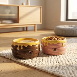 Bee Hive Ceramic Cat Bowl, Elevated Pet Feeder, Whisker Friendly Dish
